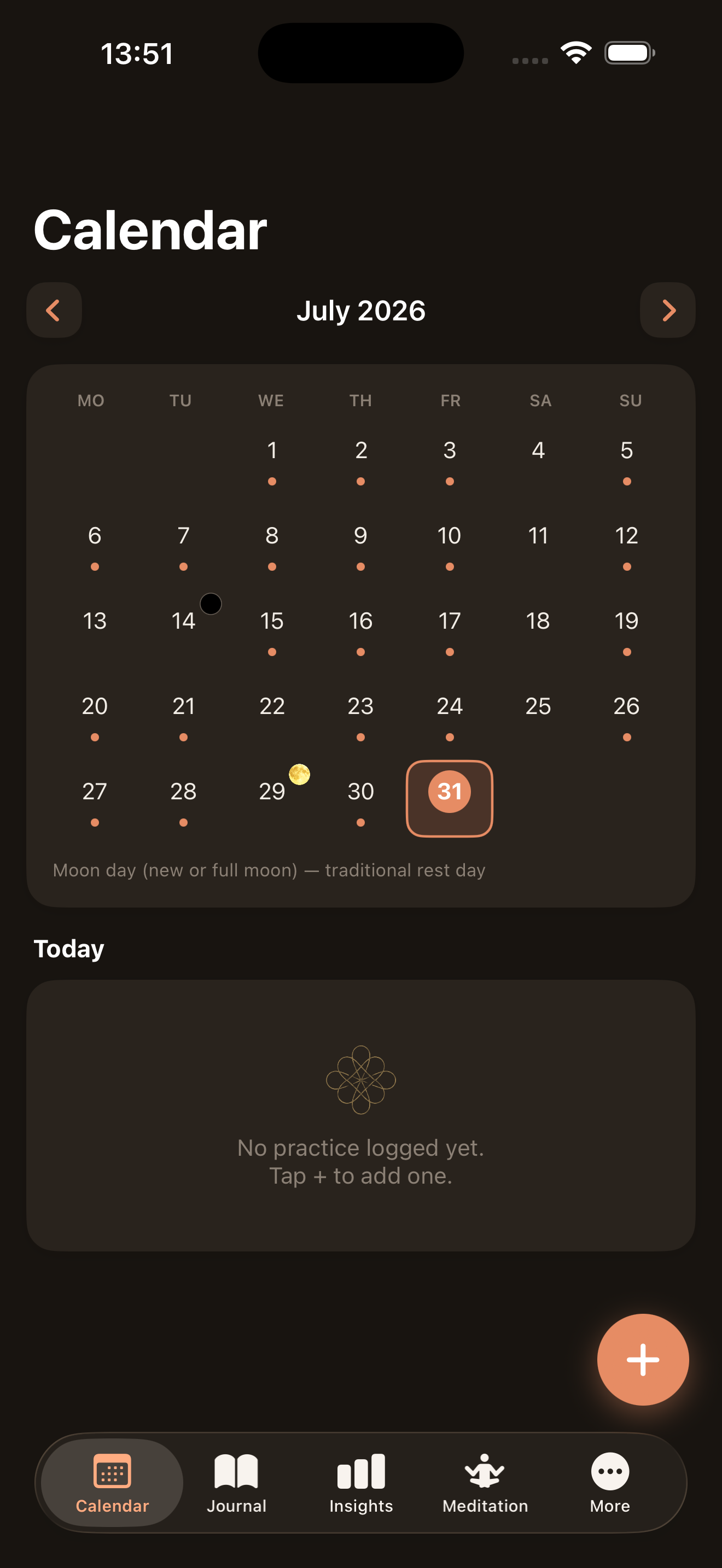 Calendar screen in dark mode