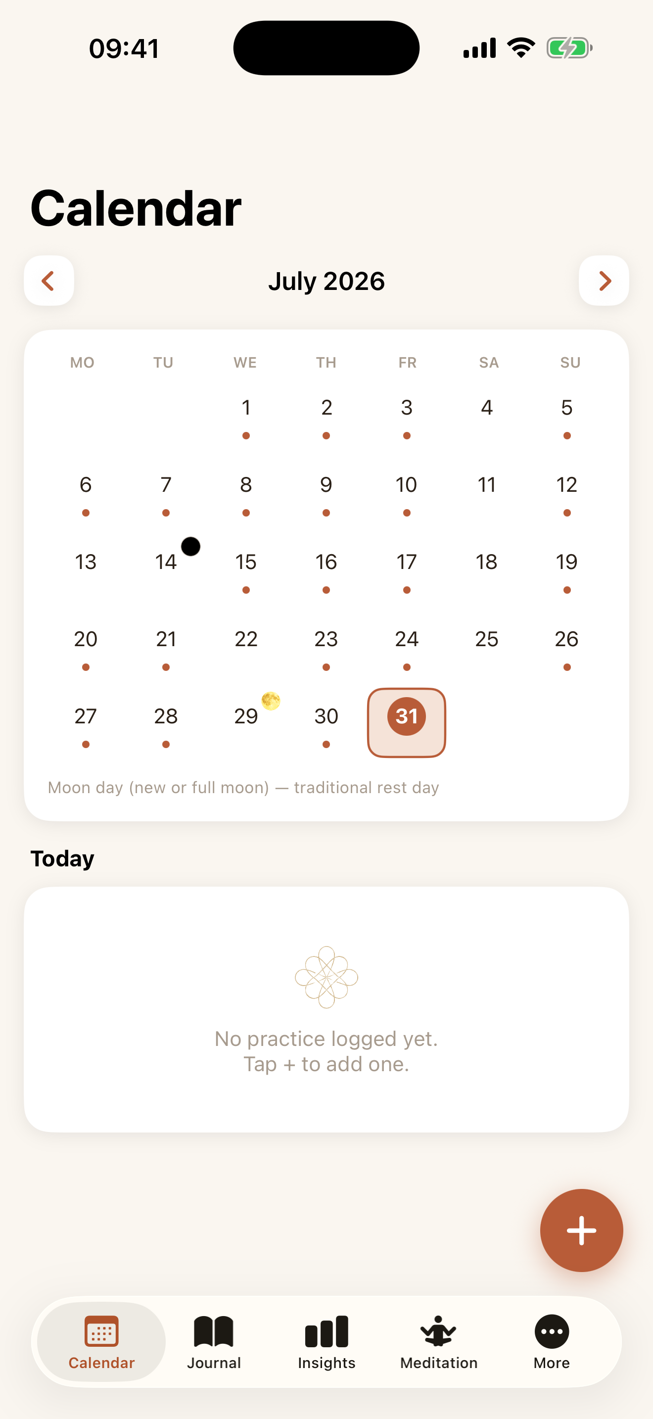 Calendar screen in light mode